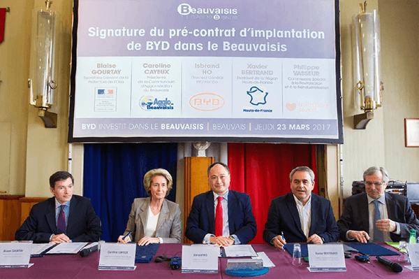 Isbrand Ho, Managing Director of BYD Europe, accompanied by Xavier Bertrand, President of the Hauts-de-France Region; Caroline Cayeux, President of the Beauvais Urban Community; Christian Sandowski, Mayor of Allonne and Business Development Delegate to the Beauvais Urban Community; Philippe Vasseur, President of Nord France Invest and Special Commissioner for the Industrial Redevelopment of Hauts-de-France; and Didier Martin, Prefect of the Oise departement