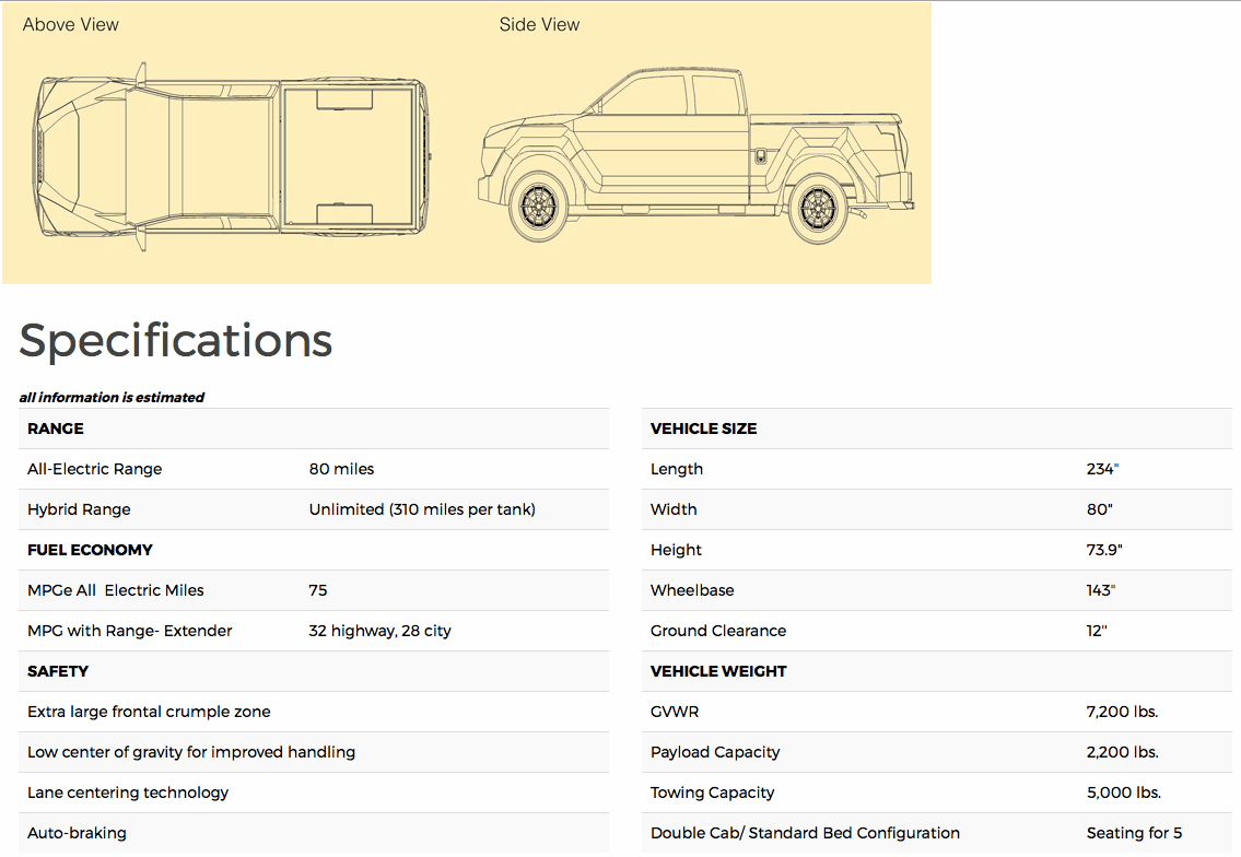 Workhorse W-15 electric pickup truck specification