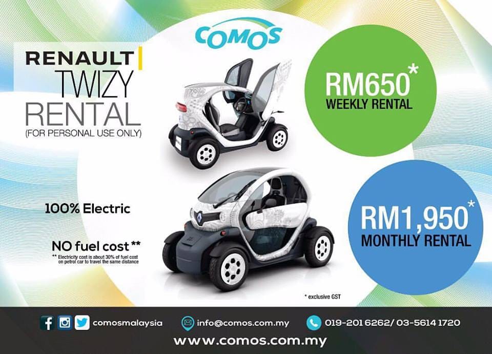 COMOS Rolls Out Electric Car Rental Program in Klang Valley daily weekly monthly rental Renault Twizy