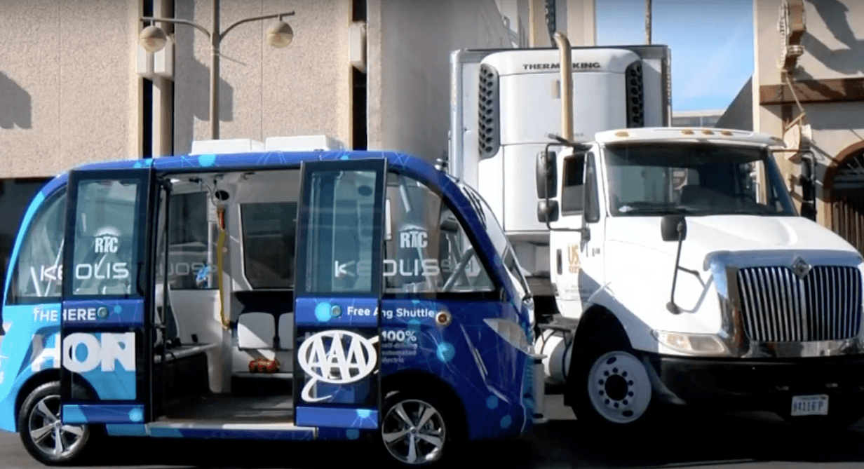 Can Human-Driven Vehicles and Autonomous Vehicles Share The Road self driving electric shuttle Navya Keolis accident with a truck in Las Vegas
